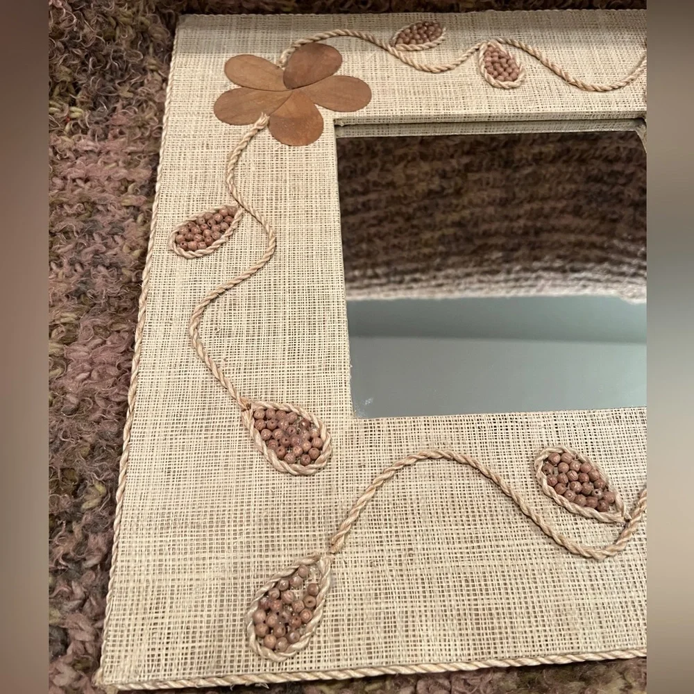 Boho Wall Mirror, 16x16 burlap & wood accents with flowers, beautiful wall decor